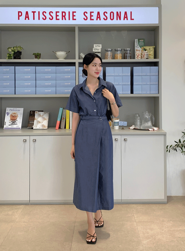 [Long one piece] Shirt Wrap Skirt Two-piece (*2color)